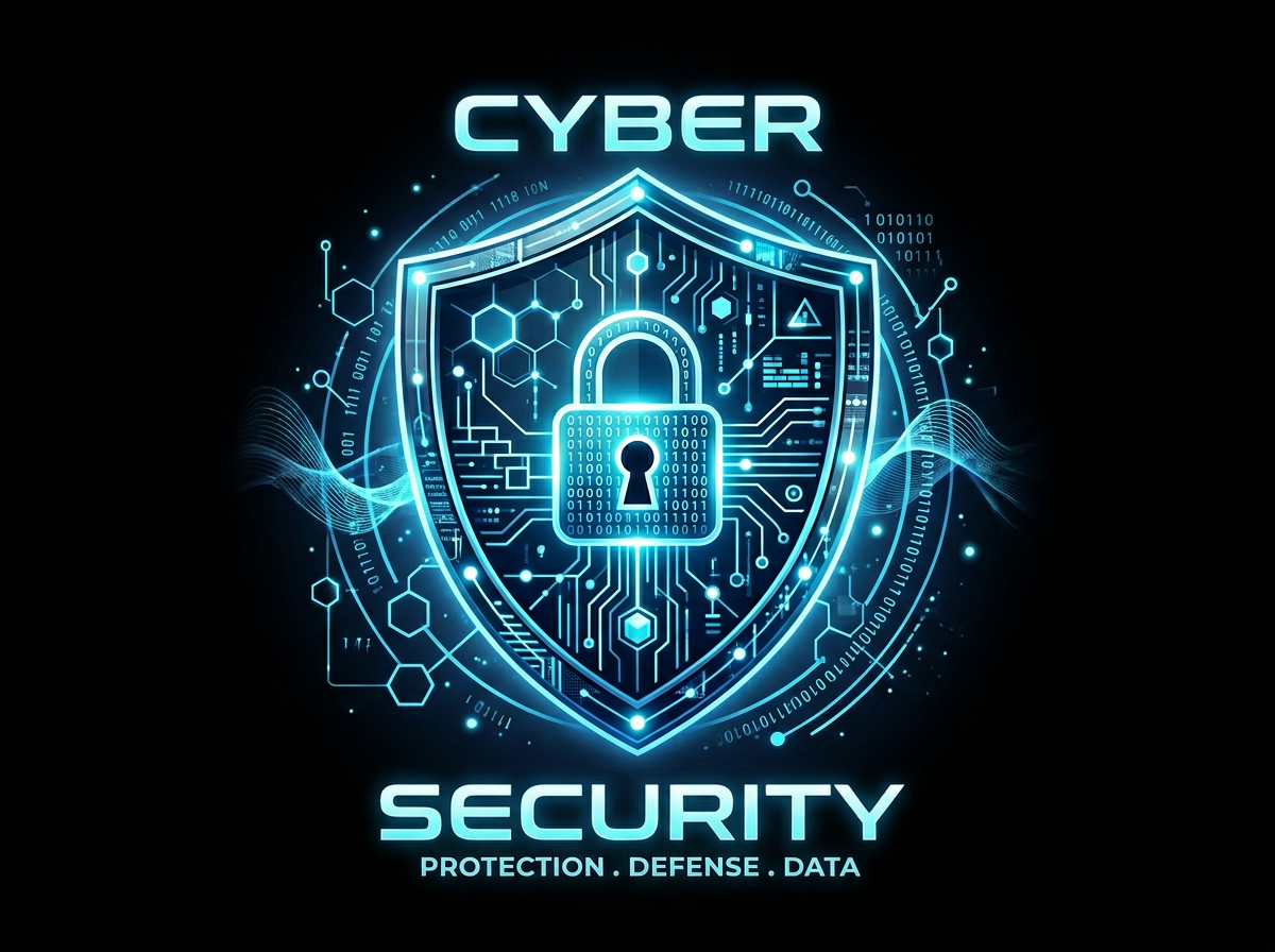 A high-tech digital shield made of glowing cyan data fragments floating over a dark motherboard circuit background